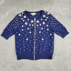 Michael Kors Women's Cardigan L Blue Sequins Beaded Blue Full Zip Short Sleeve